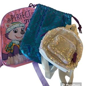 Girls Purse & bag bundle of 3; Bookbag, Mermaid purse, Mini Sequin bag EUC